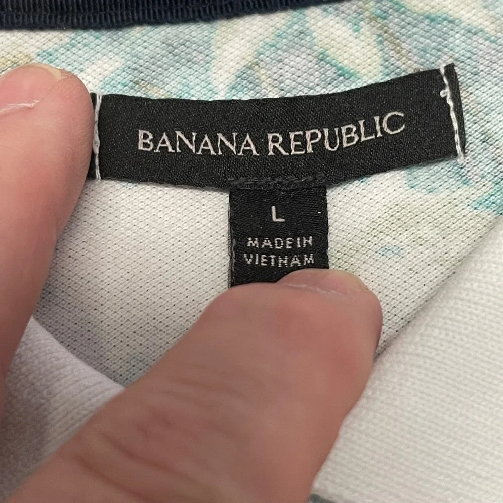 Banana Republic Hawaiian Tropical Mens Polo Shirt Size Large  Cotton White Blue